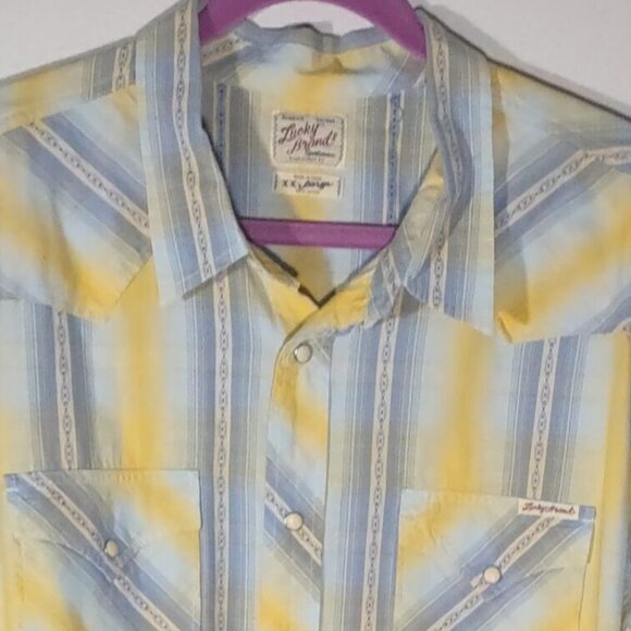 Lucky Brand Men's XXL Western Shirt Pearl Snap Long Sleeve Yellow & Blue Plaid - Picture 2 of 8
